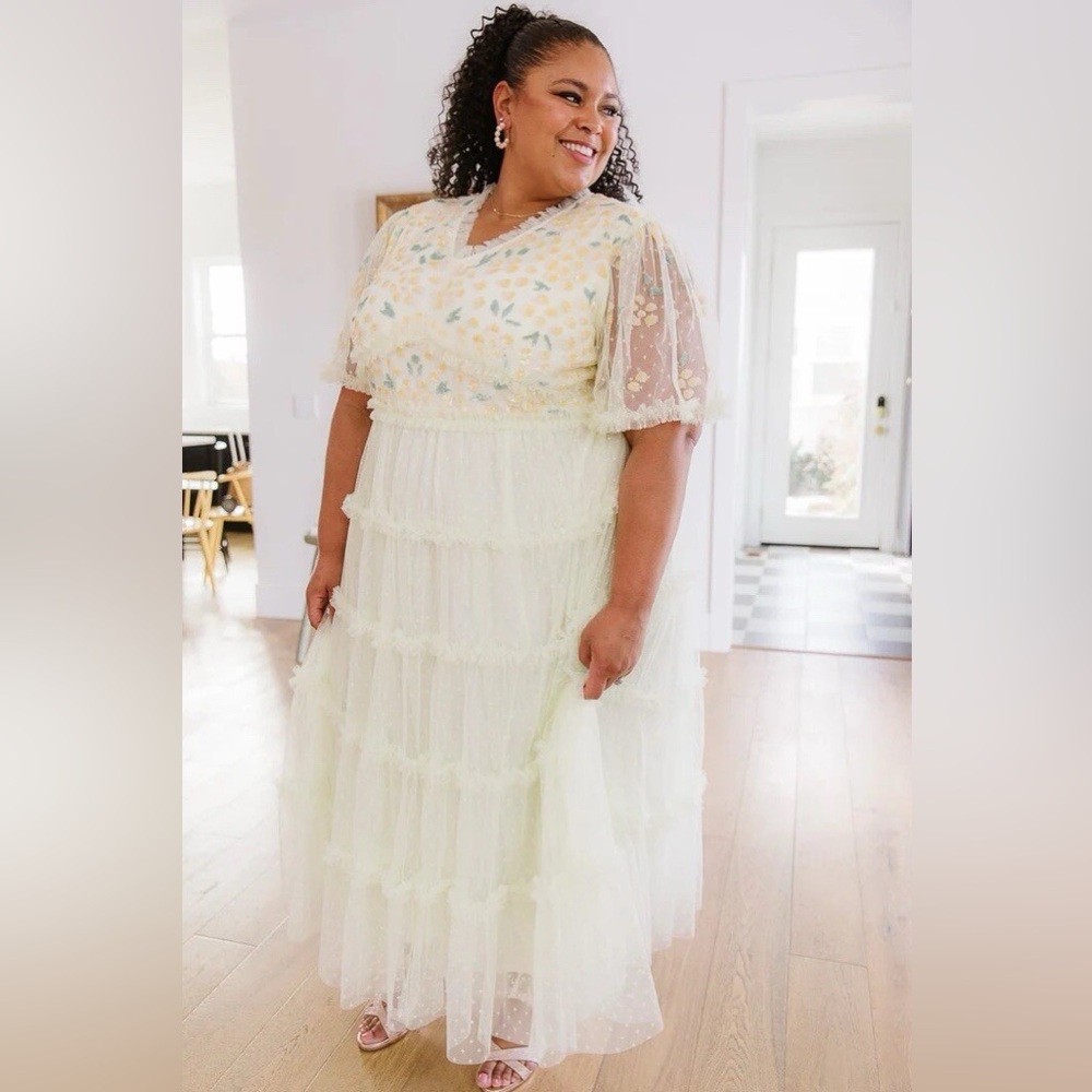 Ivy City Co Annalise Dress in Light Yellow Size 4X Sequined Tulle Floral